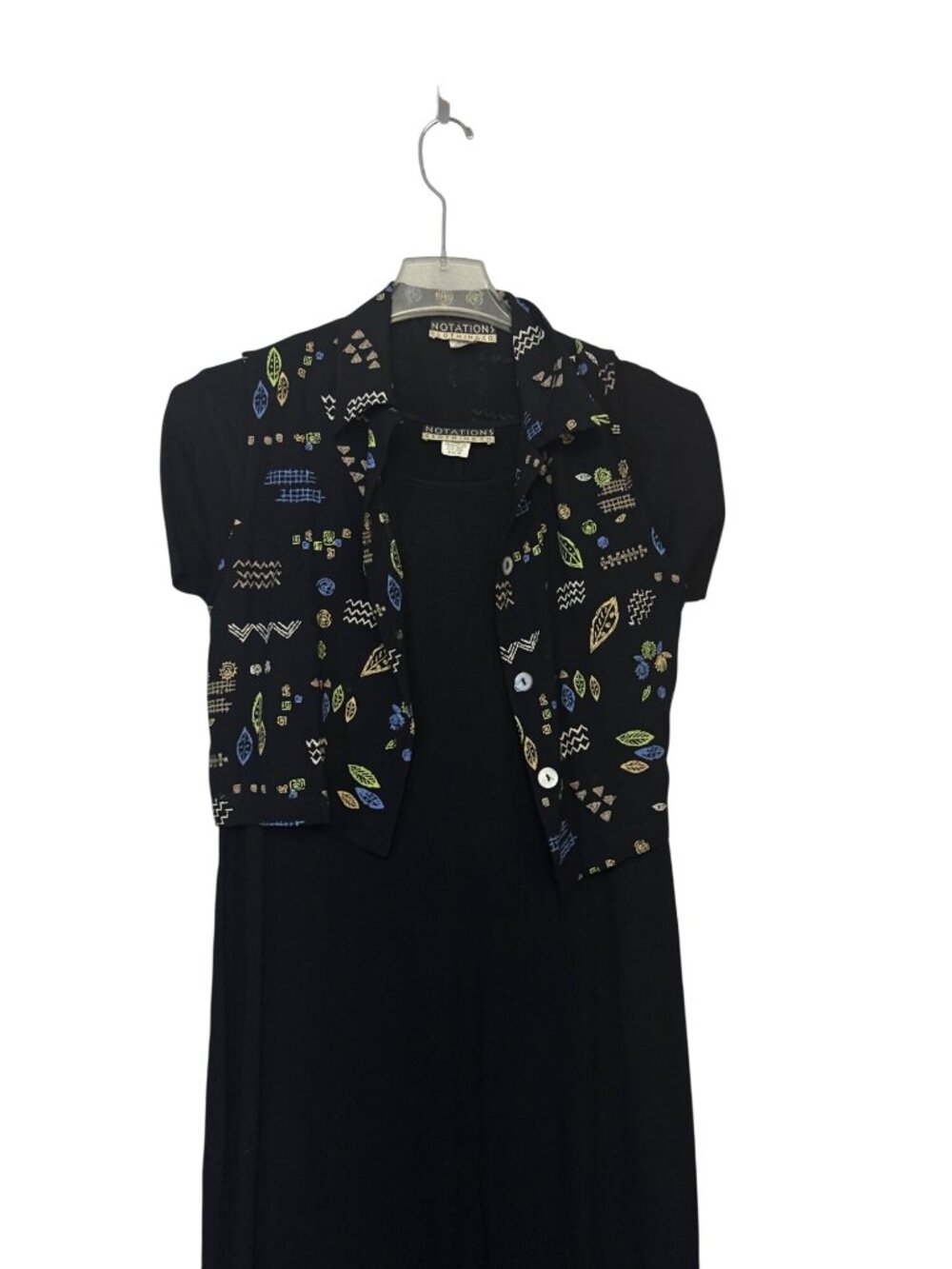 Notations Womens Black Midi Dress With Patterned Button Down Vest Size M - Picture 3 of 14